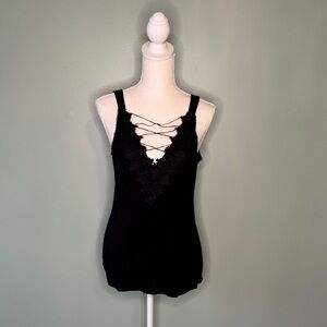Sexy black tank with lace trim and open V neck